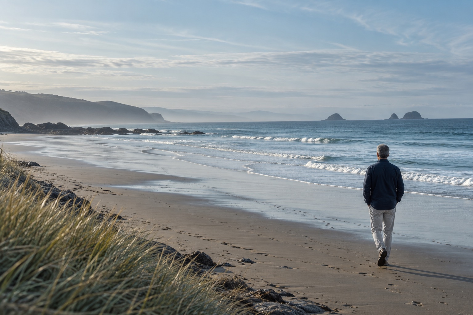 A man walking along a quiet shoreline