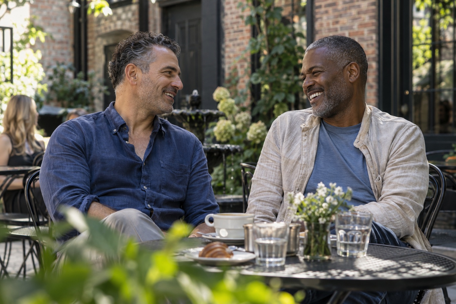 Two men enjoying a conversation at an outdoor café